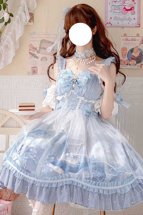 Blue Whale In The Ocean Print Bowknot Princess Multi-Layer Ruffled Sweet Lolita JSK Dress