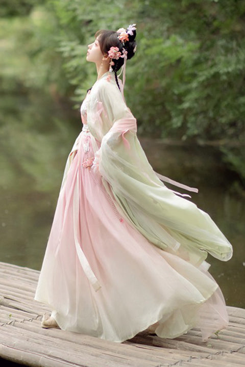 Original Chinese Han Elements Ancient Double Layer Long Sleeves Sweet Hanfu Dress Full Set