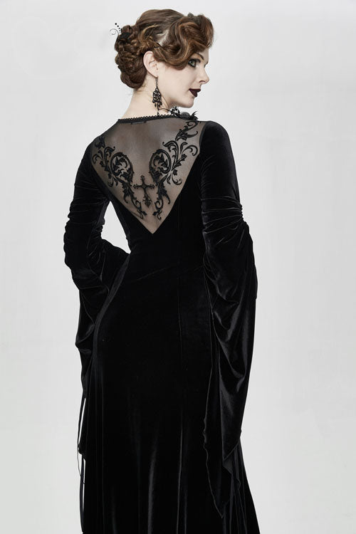 Black Flocking Pattern Trumpet Sleeve Sexy Womens Gothic Fitted Velvet Dress