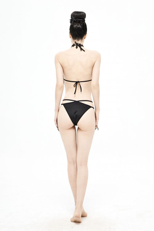 Black Gothic Lace Collar Lace Up Bikini Swimsuit