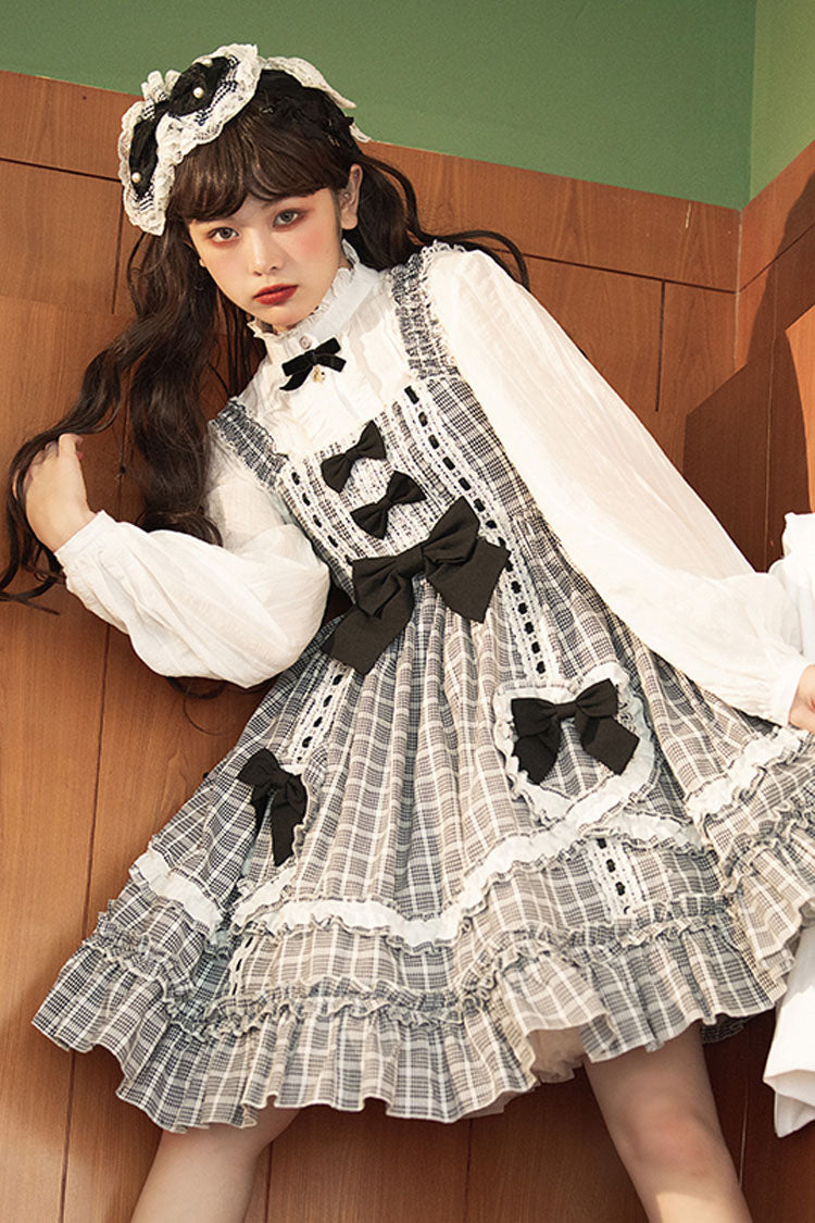 Black/White High Waist Bowknot Ruffled Plaid Sweet Lolita JSK Dress