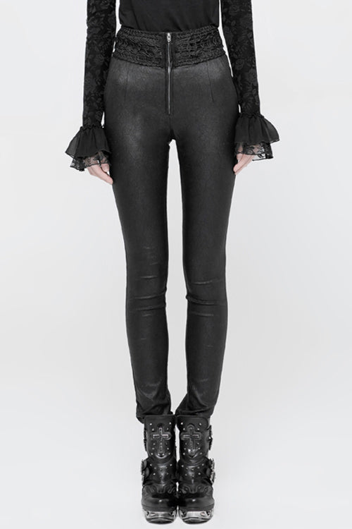 Black High Waist Flower Weaves The Ribbon Decoration Lace Up Gothic Jacquard Women's Pants