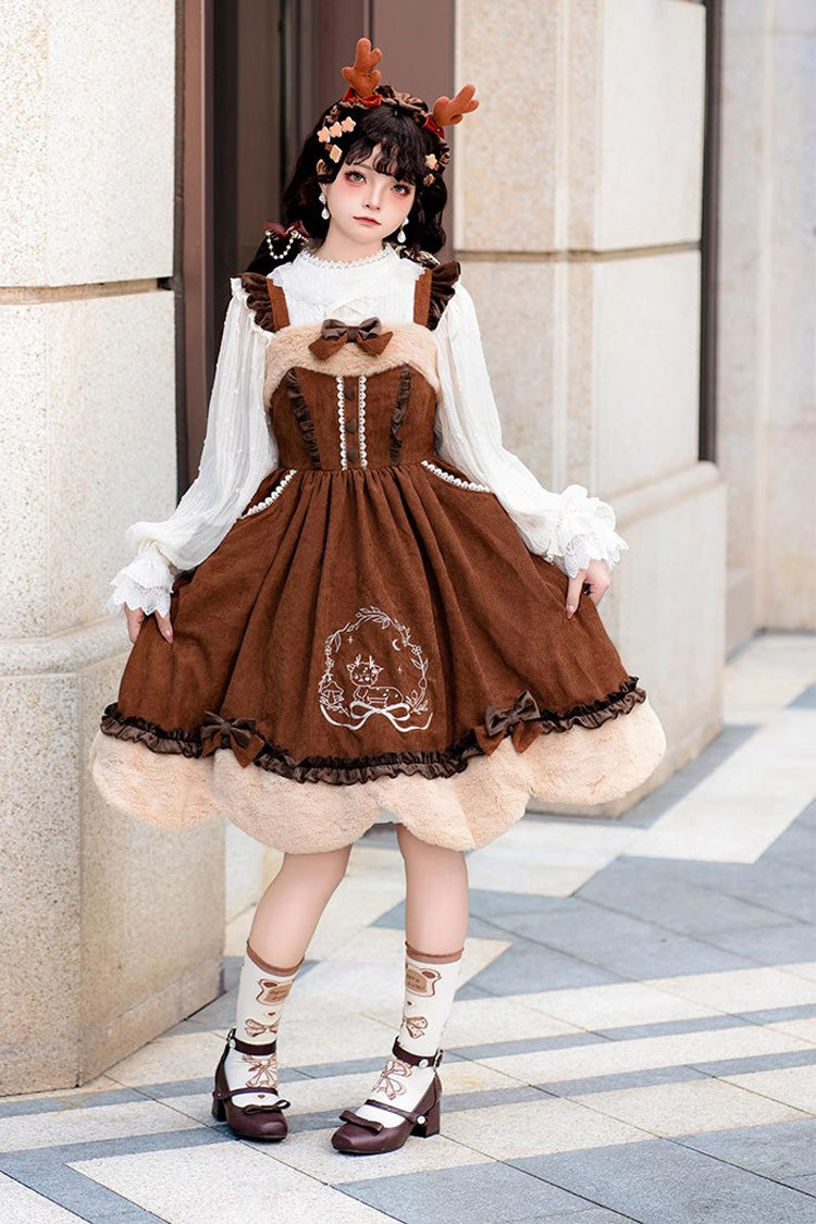 Deer Print Embroidery Bowknot Princess Autumn Winter Sweet Lolita JSK Dress 2 Colors