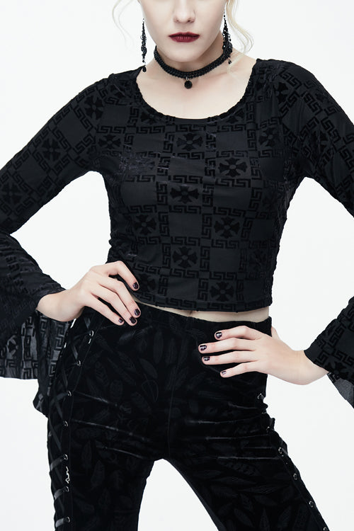 Black Sexy Pattern Comfortable Horn Sleeves Velvet Womens Gothic T-Shirt