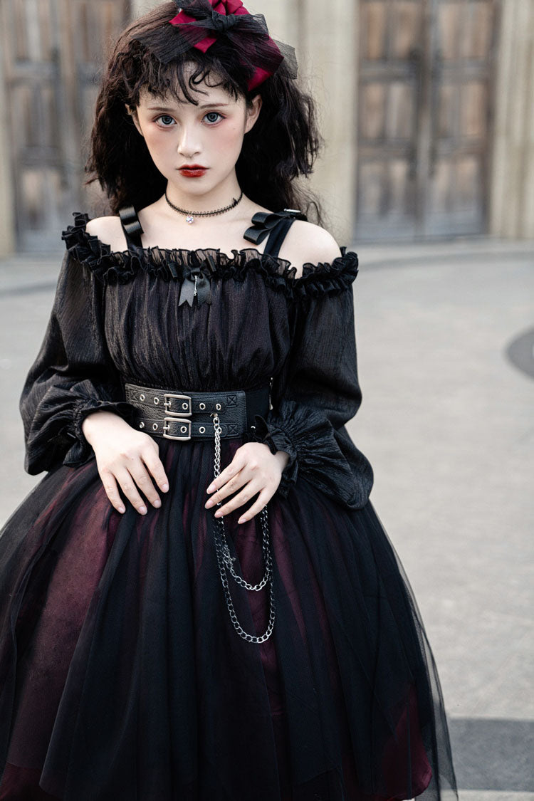 Black Boat Neck Metal Chain Organza Stitching Gothic Lolita OP Dress (Short Version)