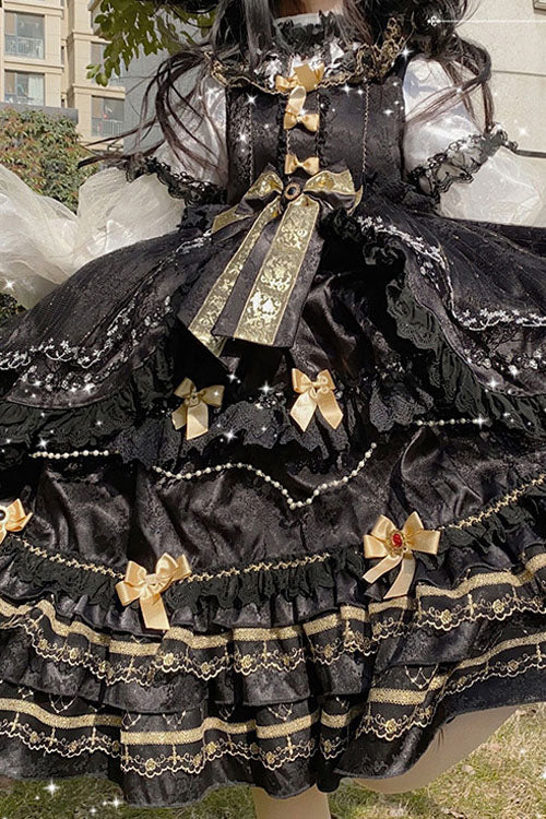 Black Hanayome Bowknot Princess Multi-Layer Ruffled Sweet Lolita JSK Dress