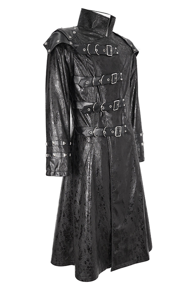 Black Stand Collar Multi Buckle Faux Long Leather Men's Punk Coat