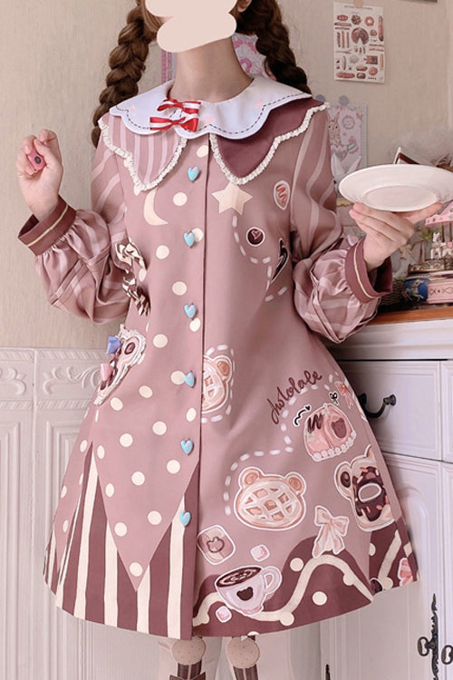 Pink Doll Lapel Collar Single Breasted Lantern Long Sleeves Bear Print Sweet Lolita OP Dress
