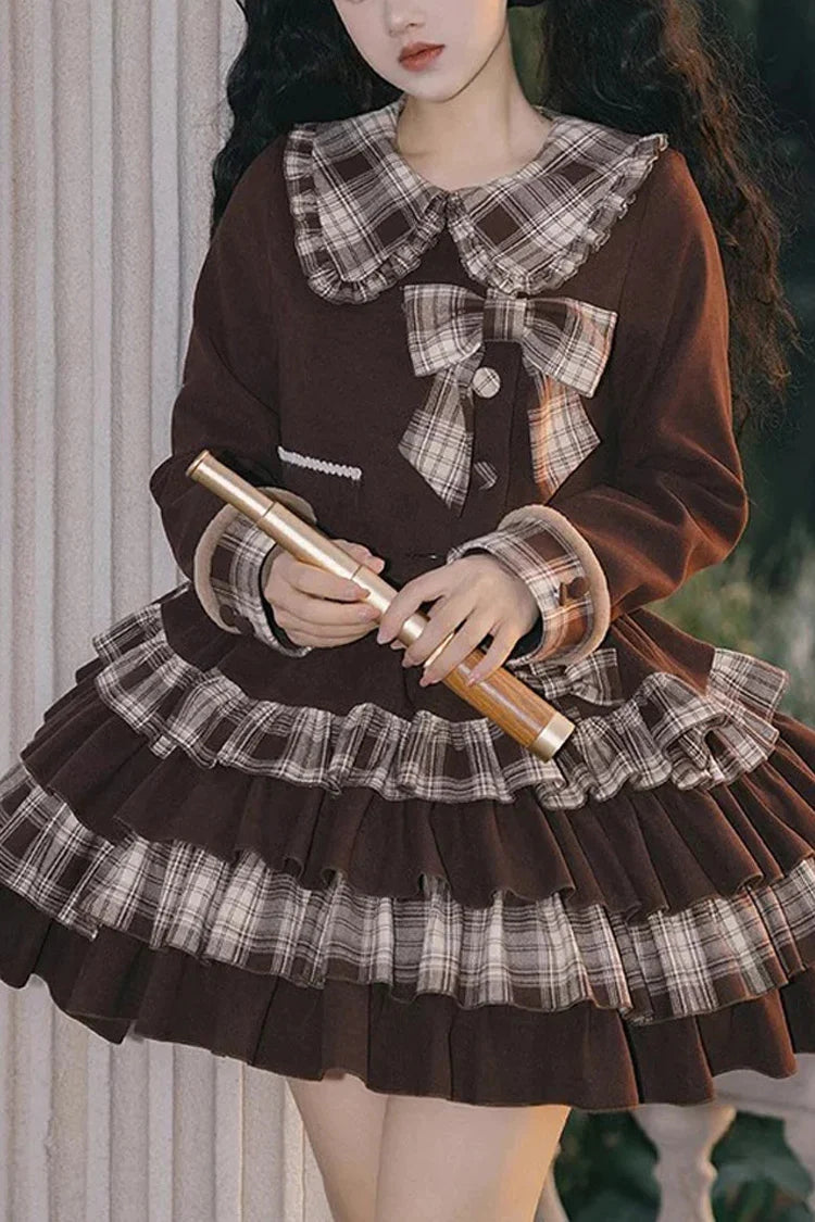 Dark Brown Multi-layer Bowknot College Style Autumn Winter Princess Sweet Lolita Skirt Set