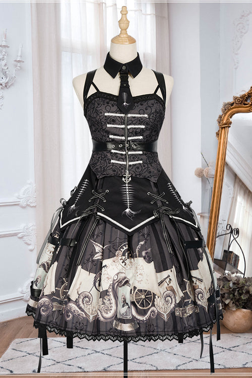 Black New Pirate Ship Print Full Set Gothic Lolita JSK Dress