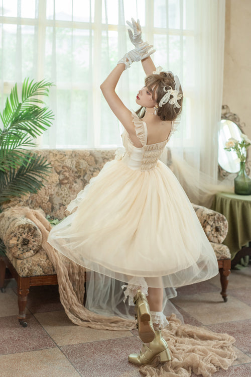 Beige Ruffled Strap Bow Sleeveless Sweet Lolita JSK Dress