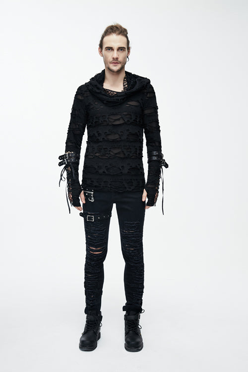 Black Ripped Finger Covered Autumn Hooded Mens Punk T-Shirt