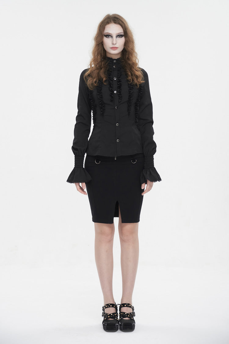Black Stand Collar Ruffled Long Sleeves Women's Gothic Shirt