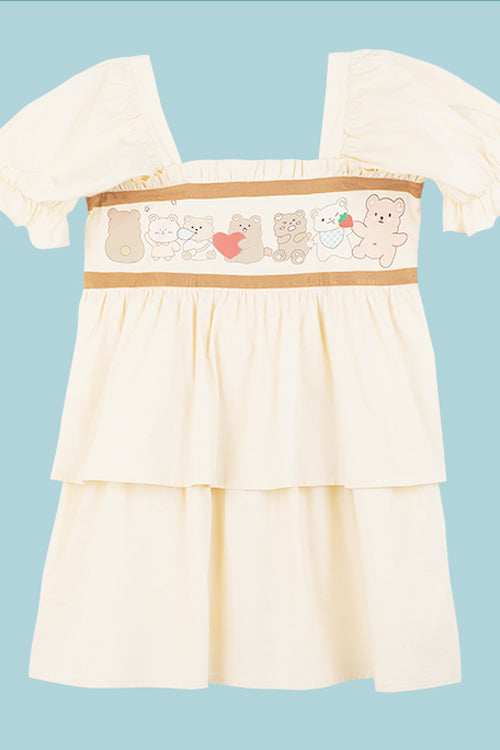 Beige Vintage Square Collar Ruffled Short Sleeves Cartoon Bear Print High Waisted Sweet Lolita Dress