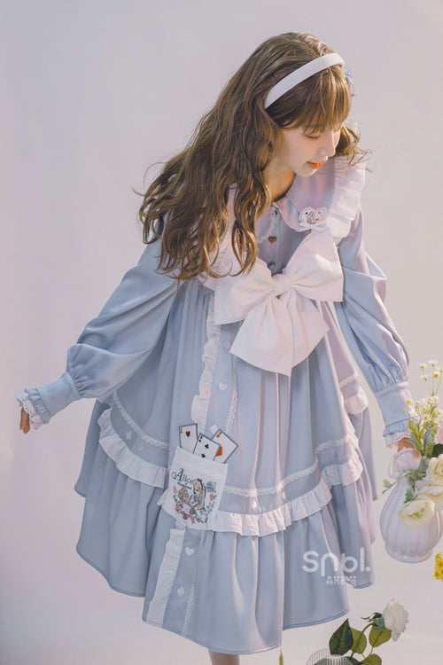 Blue Doll Collar Single Breasted Princess Sleeves High Waist Magic Playing Cards Sweet Lolita OP Dress