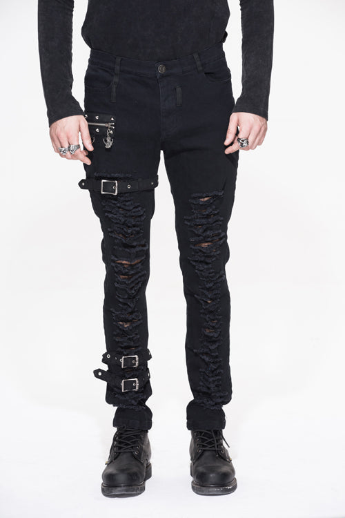 Black Metallic Punk Broken Holes With Loops Mens Pants