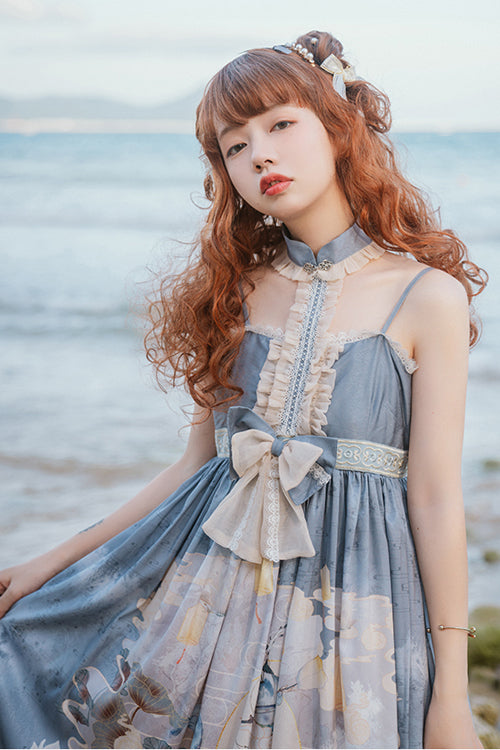 Blue Chinese Mythology Print High Waist Lace Trim Sweet Lolita JSK Dress
