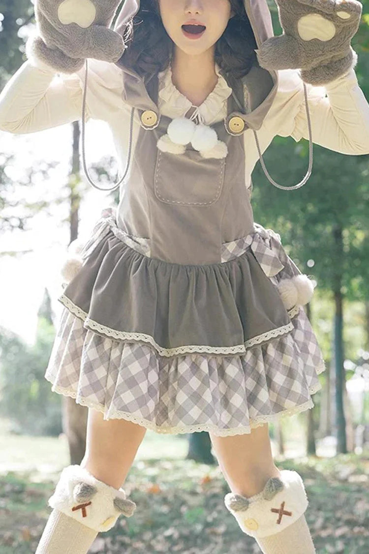 Grey Cute Grizzly Bear Plaid Print Bowknot Sweet Lolita Jsk Dress