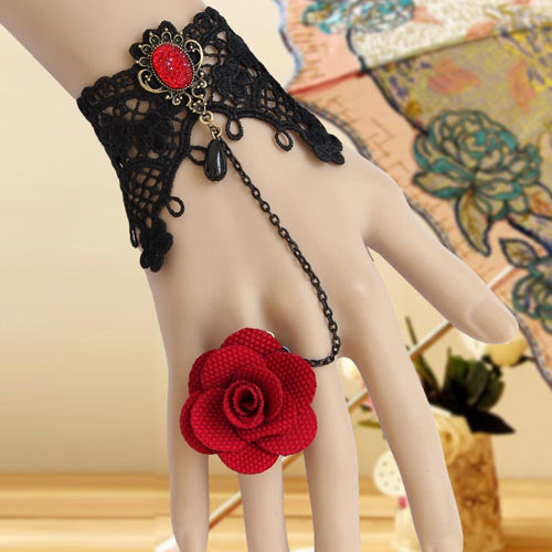 Red Vintage Rose Black Lace Pearl Band Ring Gothic Lolita Bracelet