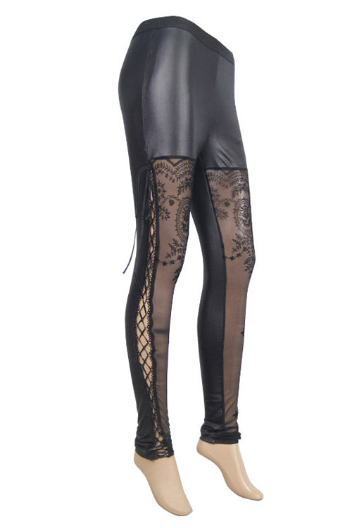 Black Side Hollow Out Lace Up Gothic Positioned Flower Flocking Mesh Legging
