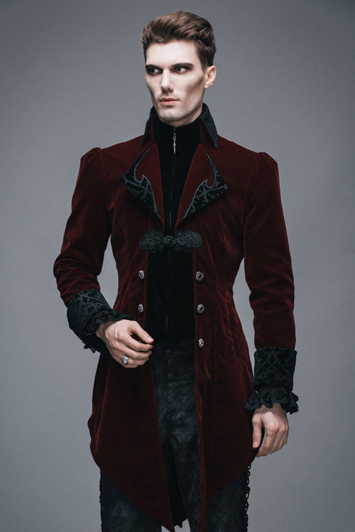 Wine Formal Party Turn Down Collar Long Sleeves Mens Gothic Swallowtail Coat