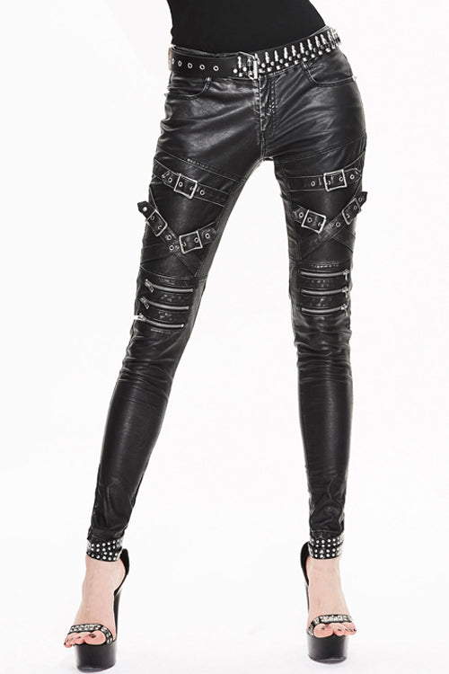 Black Punk Multi Loops Silver Zipper Hand Rubbed Leather Womens Pants