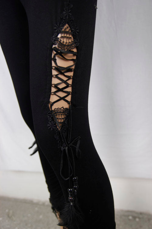 Black Side Hollow Out Lace Up Slit Lace Hem Gothic Womens Pants