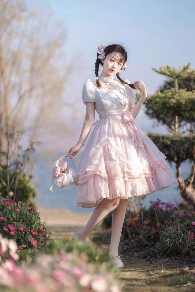 Pink Round Collar Short Sleeves Lace Ruffle Bowknot Sweet Princess Lolita Dress