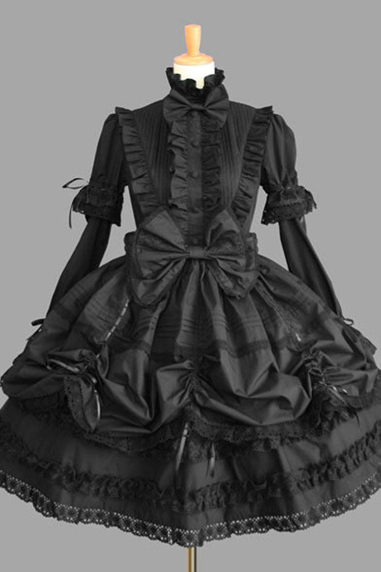 Black Cotton Stand Collar Long Sleeves Knee Length Bowknot Ruffled Multi-Layer Gothic Lolita Dress