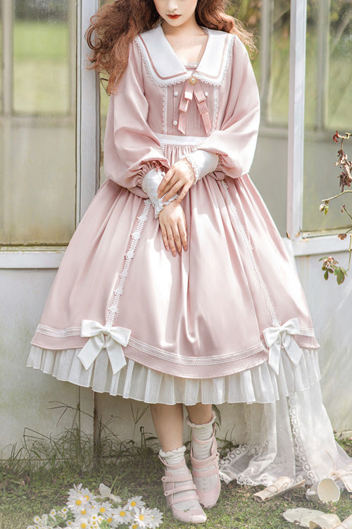 Pink Doll Collar Bowknot Long Sleeves High Waisted Ruffled Sweet Lolita OP Dress