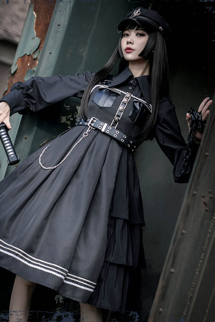 Dark V Neck Bowknot Rivets Epaulettes Sleeveless Military Uniform PU Gothic Lolita Jsk Dress