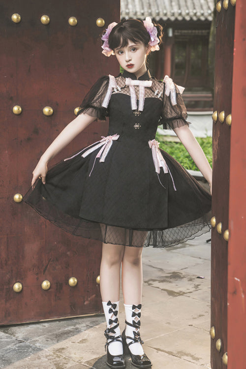 Chinese Style Stand Collar Lace Puff Short Sleeve Delicate Sweet Lolita Dress