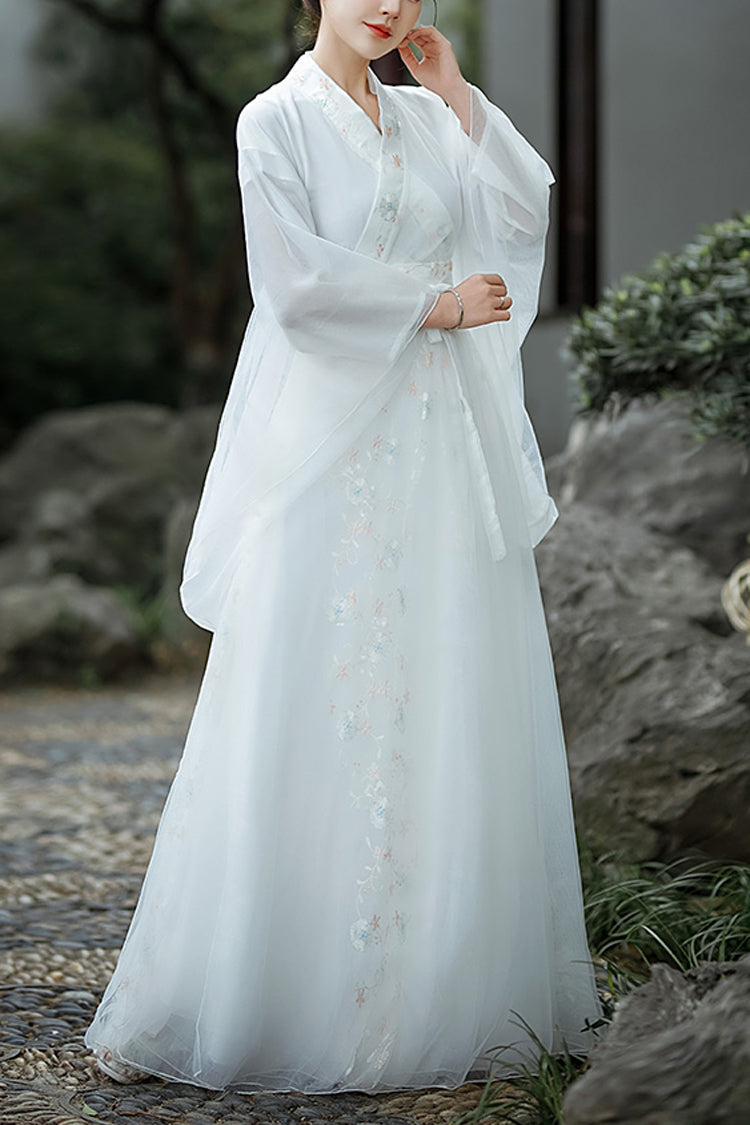 White Chinese Ancient Style Jiangnan Embroidered Sweet Hanfu Dress