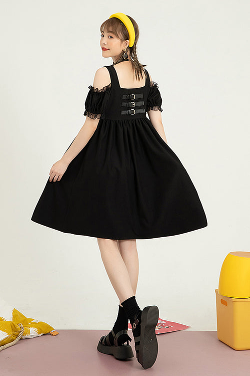 Black Puff Short Sleeve High Waisted Two Ways To Wear Before And After Sweet Lolita Dress