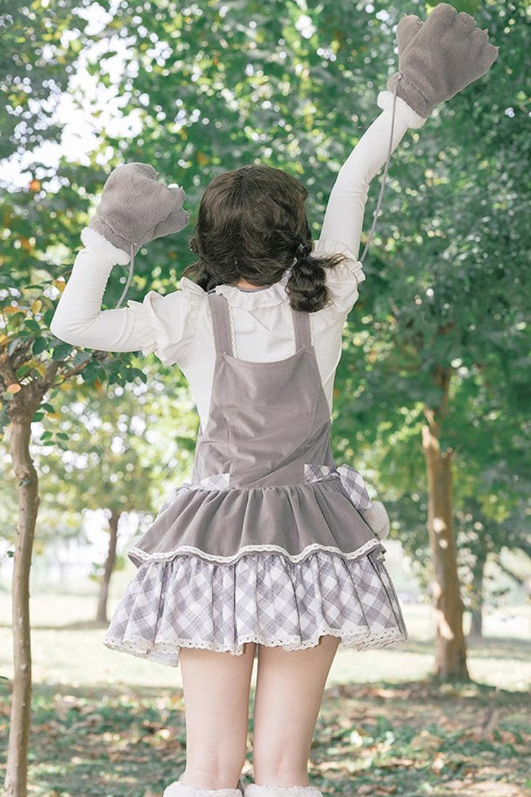 Grey Cute Grizzly Bear Plaid Print Bowknot Sweet Lolita Jsk Dress