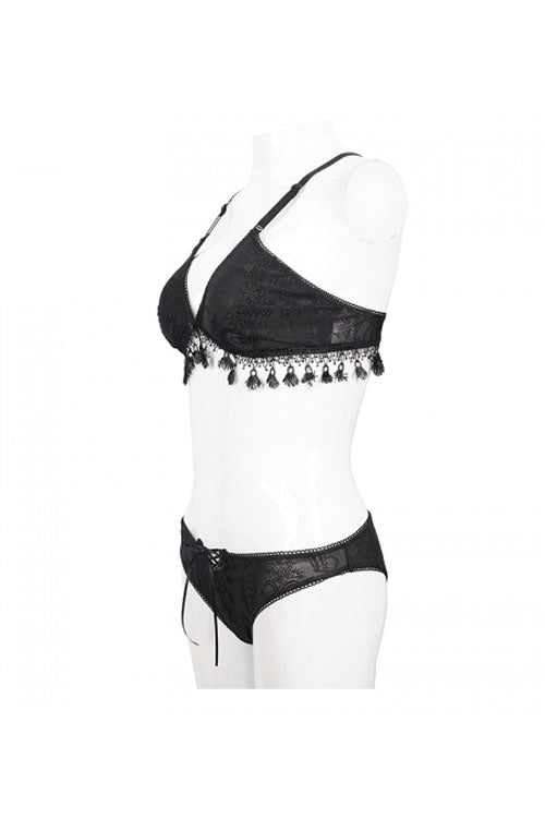 Black Dark Grain Jacquard Tassel Lace Up Gothic Swimsuit
