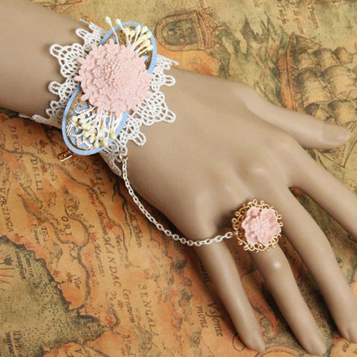 Pink Retro Flower Fashion White Lace Female Lolita Ring Bracelet