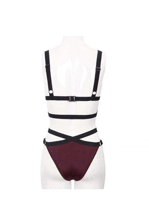 Black Red Lace Cross Strap Burgundy Gothic Swimsuit Set