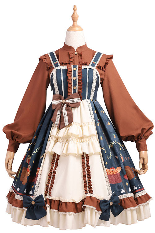 Blue/Brown Christmas Bread Squirrel Gift Print Cardigan Bowknot Multi-Layer Ruffled Sweet Lolita JSK Dress