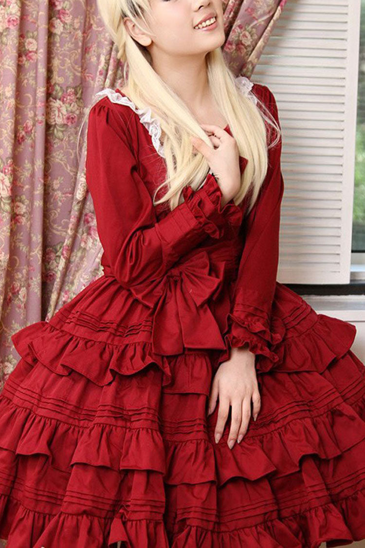 Wine Red Long Sleeves Ruffled Classic Lolita Dress