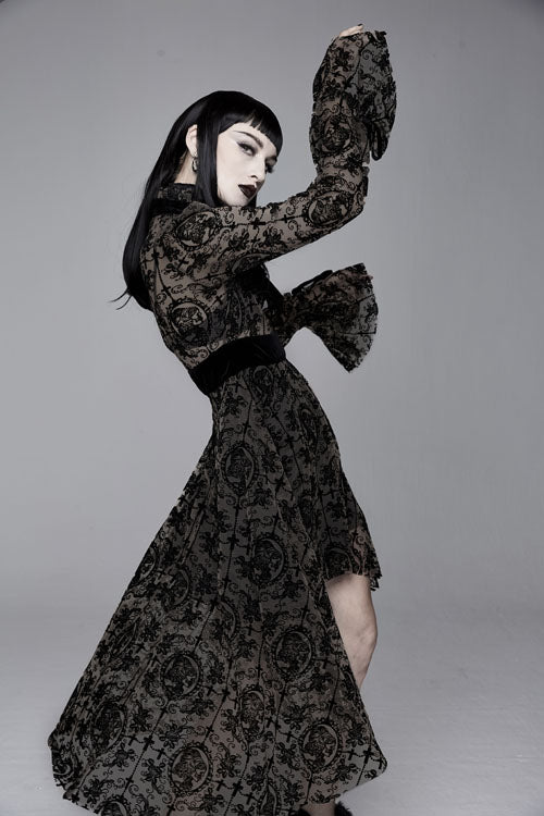 Schwarzes, mit Blumenmuster bedrucktes, langärmliges Samtkleid mit Krawatte für Damen im Gothic-Stil