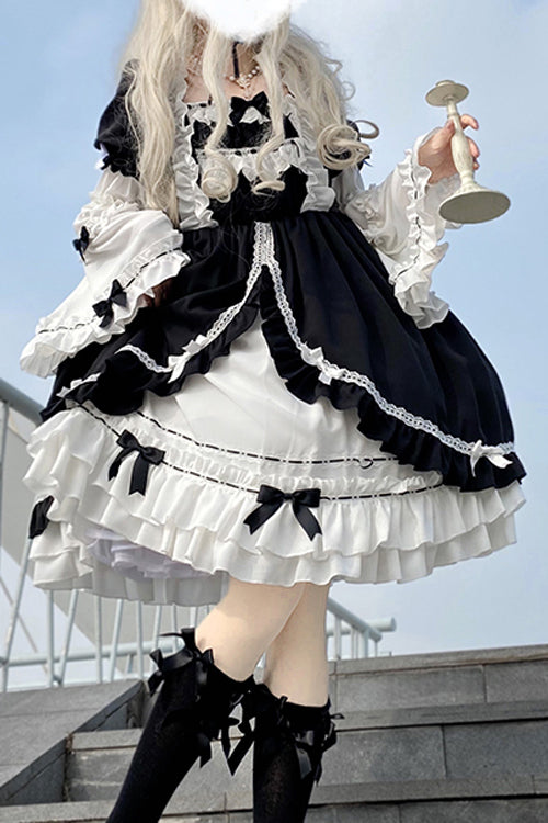 Black/White Ruffled Long Sleeves Detachable Trumpet Sleeves High Waisted Sweet Lolita OP Dress