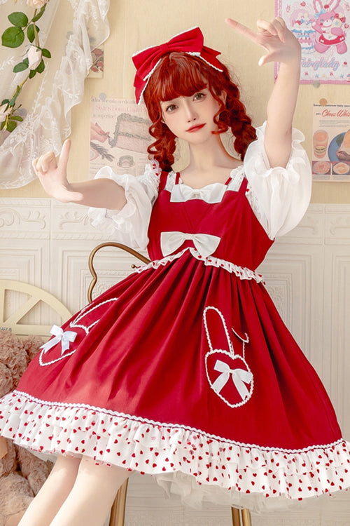 Red High Waisted Ruffled Hem Bowknot Sweet Lolita JSK Dress