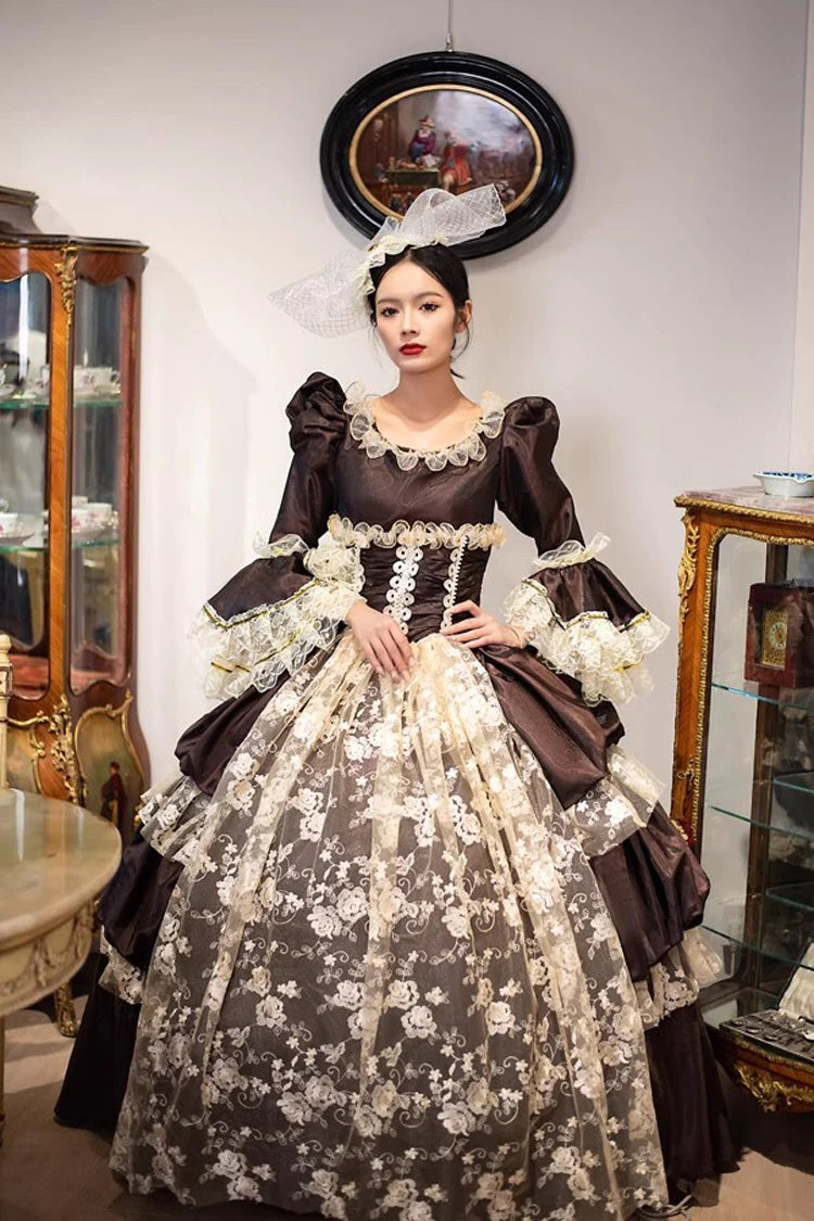 Brown Dark Pattern Print Medieval Court Gothic Victorian Lolita Long Dress