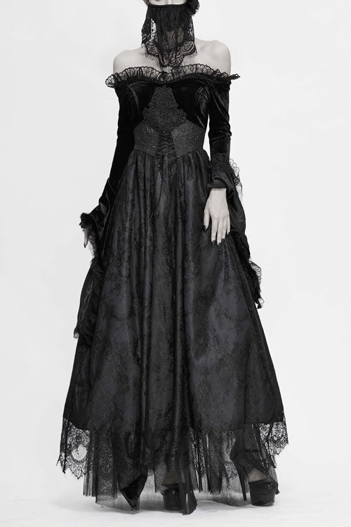 Schwarzes, sexy, schulterfreies, plissiertes Spitzenkleid für Damen, formelles Gothic-Kleid mit Pelzkragen