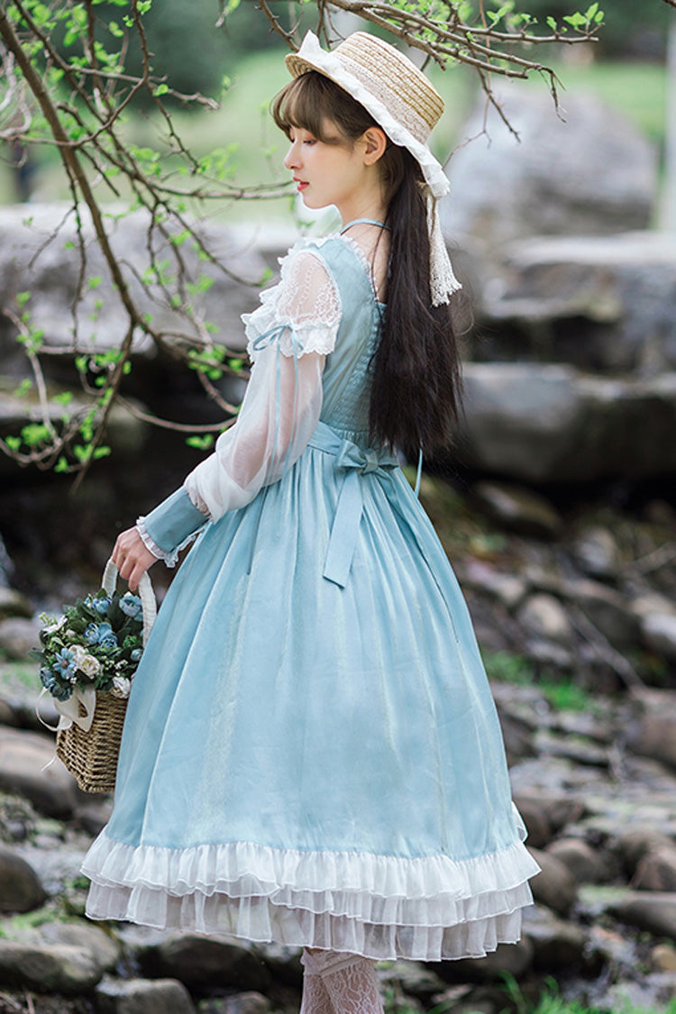 Blue Halter Neck Lantern Long Sleeves Lace Ruffled Hanayome Sweet Lolita Op Tiered Dress
