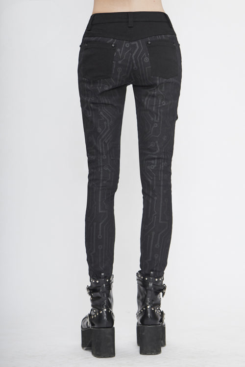 Schwarze Damenhose aus Leder mit Punk-Circuit-Print