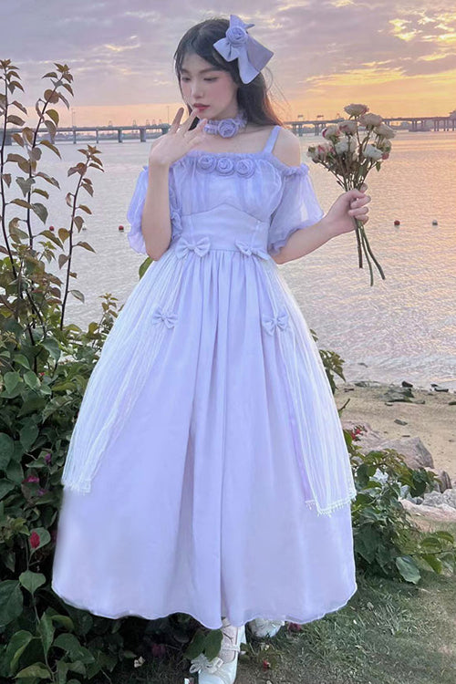 Boat Neck Bubble Short Sleeve Flower Embellished High Waisted Sweet Lolita Dress