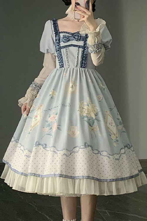 Blue Ruffled Square Collar Floral Print Puff Long Sleeve High Waist Sweet Lolita OP Dress