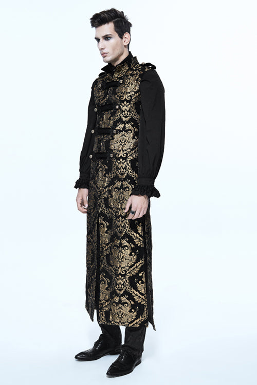 Black And Gold Court Floral Gothic Mens Long Coat